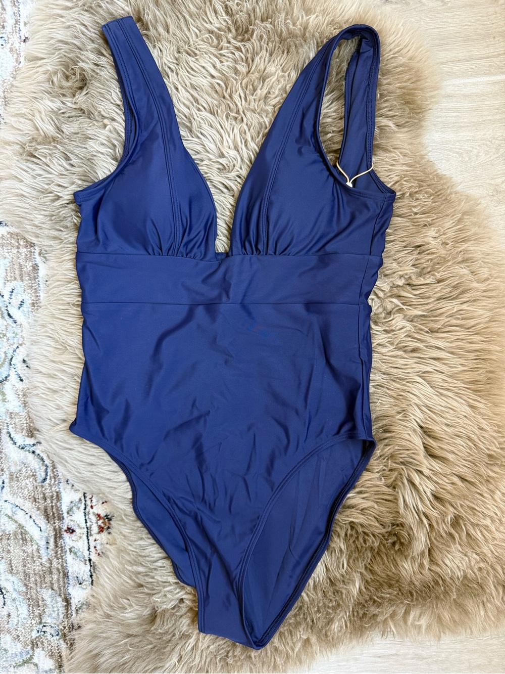NEW Quince Italian Plunge One Piece Swimsuit Deep Navy Blue Womens Large NWT - Picture 2 of 7